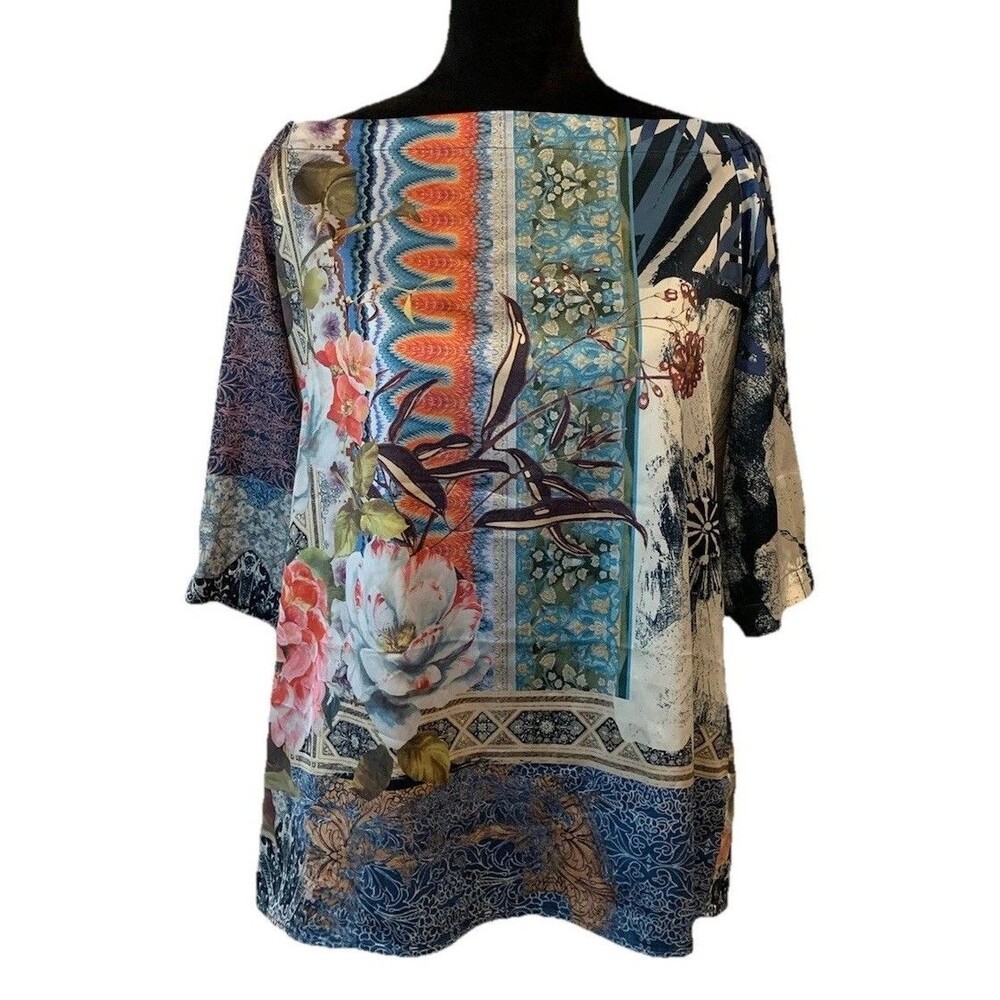 Chicos Size 1 Top Medium Silky Off Shoulder Asian Inspired 3/4 Sleeve NWT New